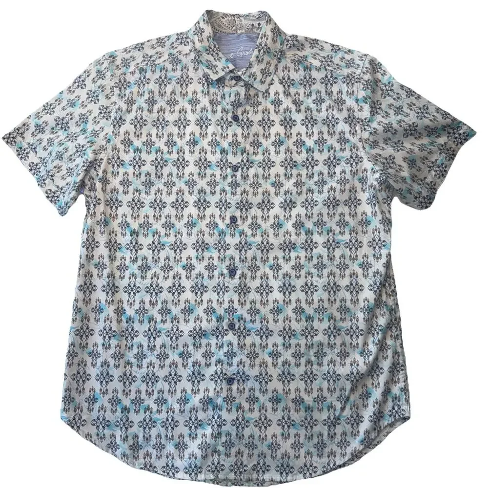 Robert Graham Mens Shirt Medium Teal Pattern Button‎ Front Flip Cuff